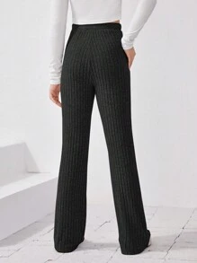 SHEIN Thiếu niên Đan Sọc Lông cừu Quần Chạy bộ Với Eo Buộc Và Hem xòe Thiết kế - màu đen - Xem 2