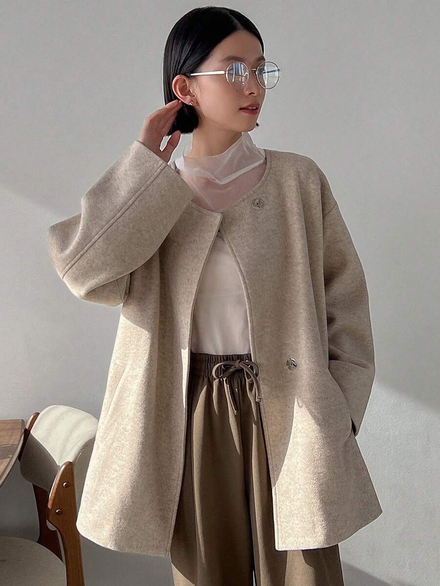 FRIFUL Women's Collarless Single-breasted Woolen Coat - Grey - View 1