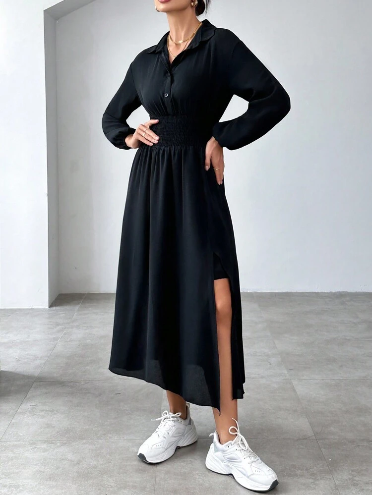 Women's Solid Color Simple Cable Knit Fold Dress With Mid-length
