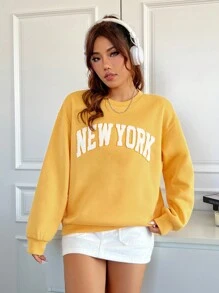 SHEIN EZwear Sudadera Amarilla Con Hombro Caído Y Patrón De Letra Para Mujer - Amarillo - Ver 3