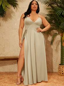 SHEIN SXY Plus Size Women'S High Slit Cami Dress - Khaki - View 4