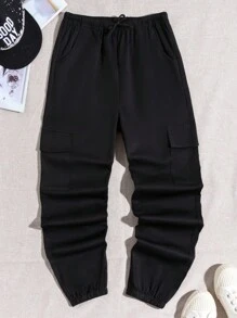 SHEIN Pantalones Tipo Jogger Tipo Cargo Con Bolsillo Utilitario Para Niño Tween Y Puños Elásticos, Se Venden Como 2 Piezas Por Separado - Negro - Ver 1
