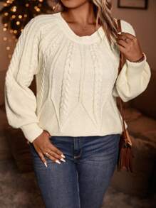 SHEIN LUNE Plus Size Cable Ribbed Sweater Knit Pullover Fall Winter Sweater - Apricot - View 8