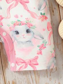 SHEIN Baby Girls' Cartoon Rabbit Printed Romper With Lace Decoration And Hair Band Set - Multicolor - View 4