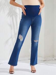 SHEIN 孕婦高腰破洞牛仔褲