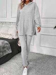 SHEIN LUNE Women's Hoodie & Pants Set With Letter Patchwork, Ribbed Stripe Details - Grey - View 4