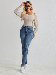 SHEIN LUNE High Elasticity, Vintage Style, Heavy Duty, Water Washed, Press Creased Women'S Jeans