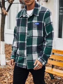 Manfinity Homme Men's Plus Size Plaid Woven Shacket With Letter Patches