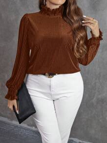 SHEIN Clasi Áo thun nhung cỡ lớn dành cho nữ, có viền bèo nhún. - Rỉ Nâu - Xem 1