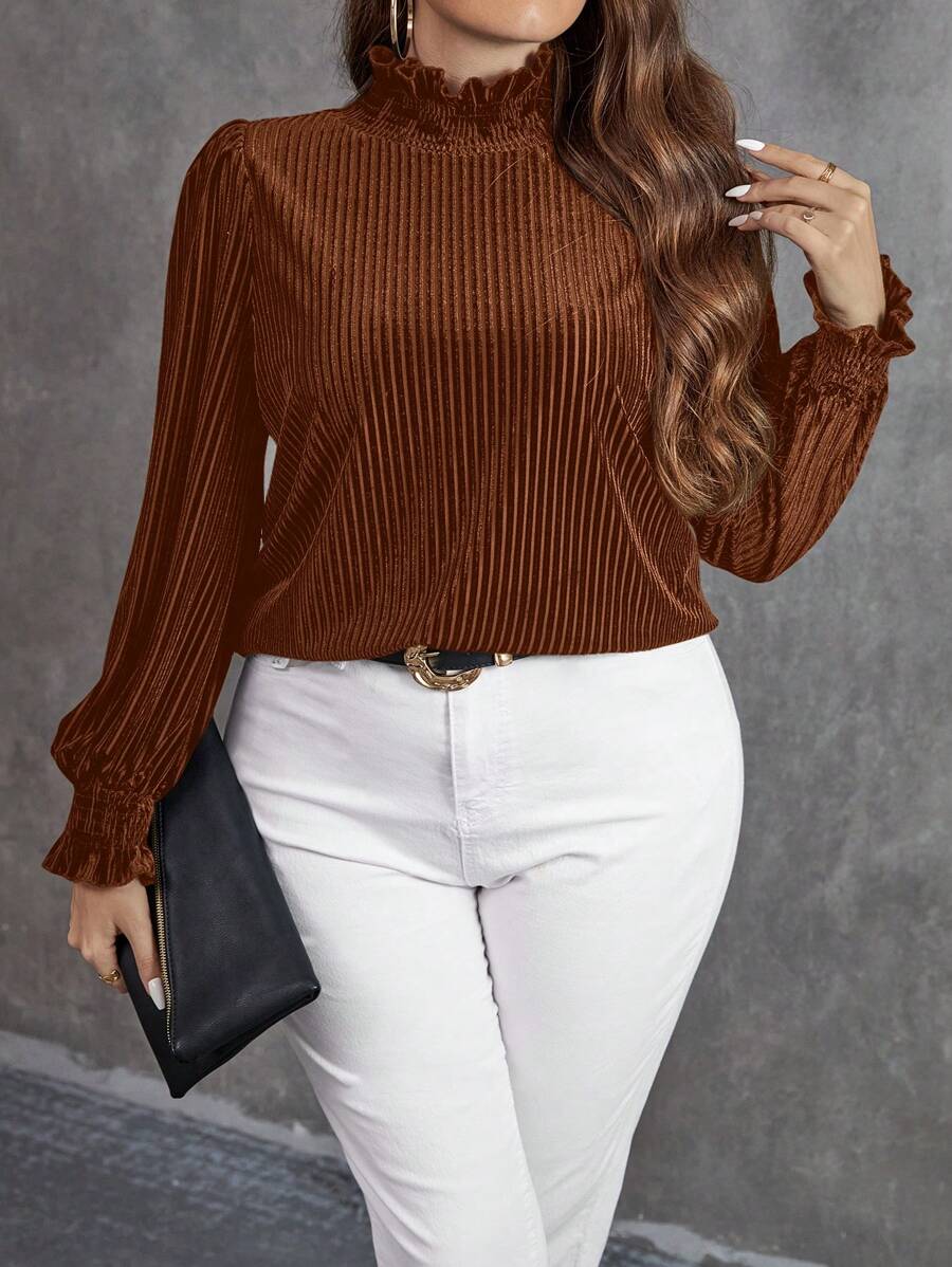 SHEIN Clasi Áo thun nhung cỡ lớn dành cho nữ, có viền bèo nhún. - Rỉ Nâu - Xem 1