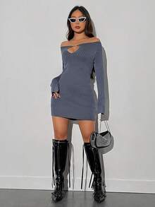 SHEIN Unity Women's Off Shoulder Knitted Sweater Dress With Chain Detail And Hollow Out Ribbed Design - Royal Blue - View 4