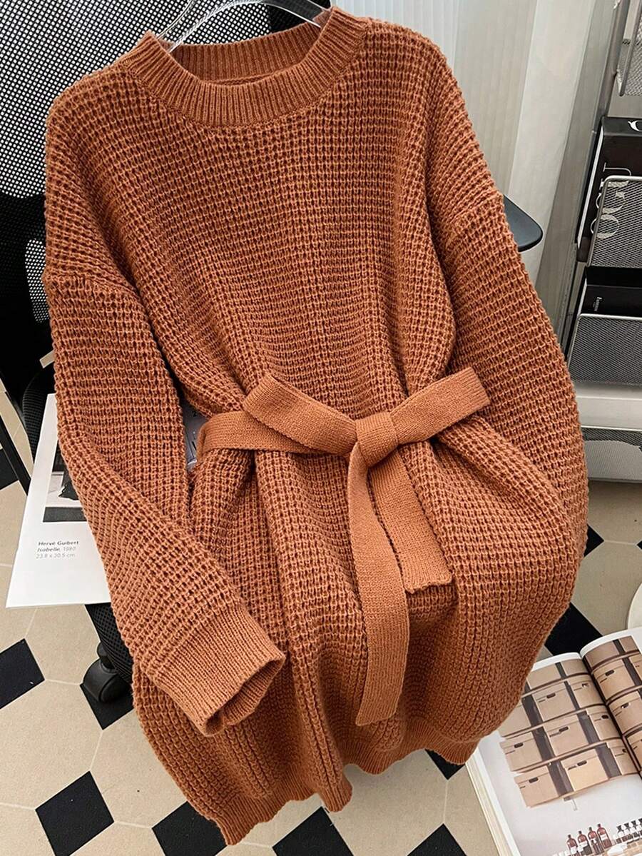 Flirla Của phụ nữ Kích thước lớn Màu thuần Áo len dệt kim Đầm Với thắt lưng - Cà phê nâu - Xem 1