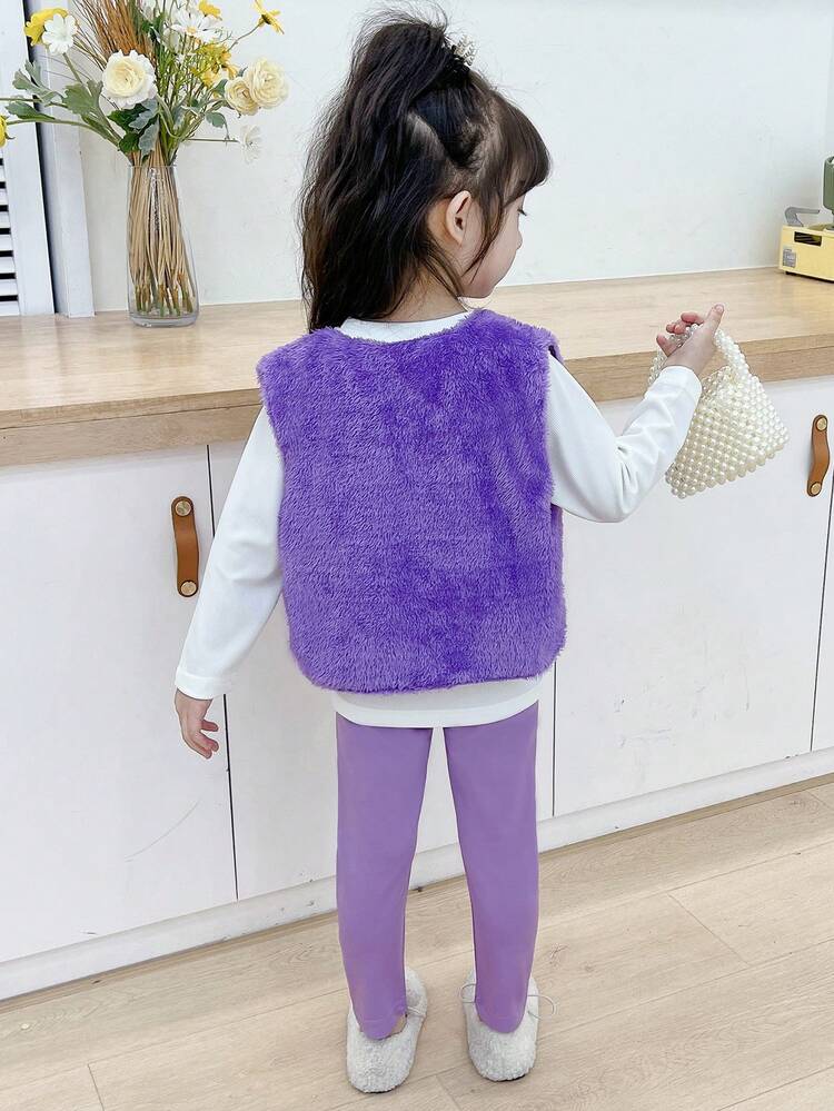 Toddler Girls' 3pcs Set Solid Color T-shirt, Sleeveless Plush Vest And Leggings