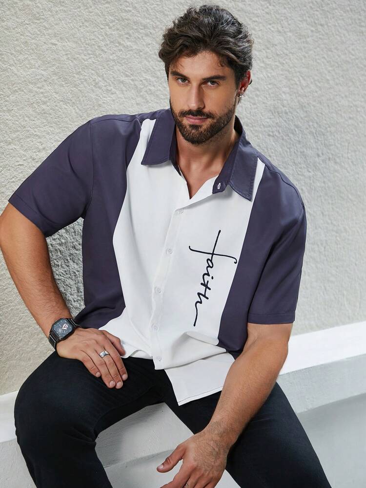 Men's Plus Size Letter Printed Color Block Shirt