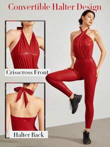 GLOWMODE Foiled Leather Effect Halter Jumpsuit With Detachable Belt Light Support - Red - View 3