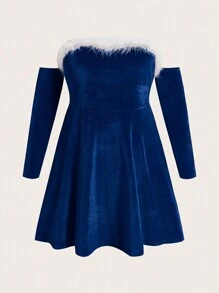 Flirla Plus Size Women's Patchwork Frayed Off Shoulder Dress - Royal Blue - View 1