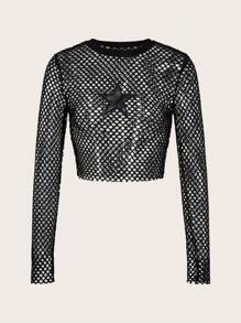 SHEIN ICON 星星補丁貼漁網短款上衣不附抹胸 - 黑色 - 查看 1