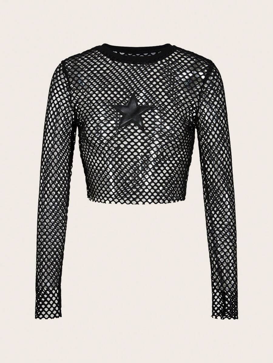 SHEIN ICON 星星補丁貼漁網短款上衣不附抹胸 - 黑色 - 查看 1