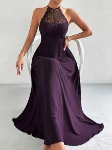 SHEIN Belle 女士露肩中空胸實色裙 - 紫色 - 查看 5