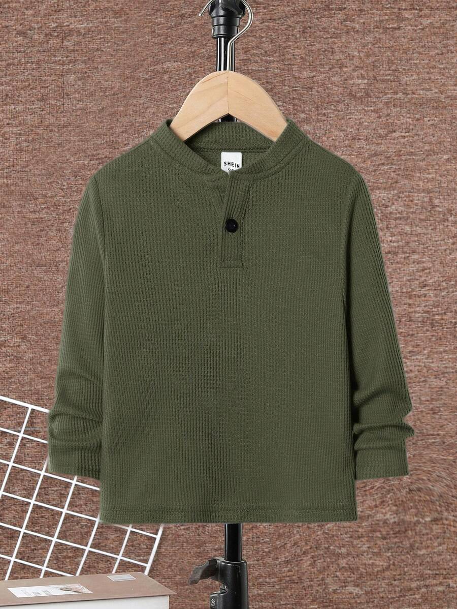 SHEIN 男童休閒紋理面料T恤 - 軍綠色 - 查看 1