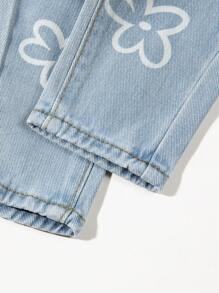 Baby Girls' Elastic Waist Flower Print Denim Pants - Medium Wash - View 8