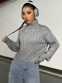 SHEIN Unity Jersey de cuello alto con hombros caídos, suéter de punto para otoño e invierno - Gris - Ver 6