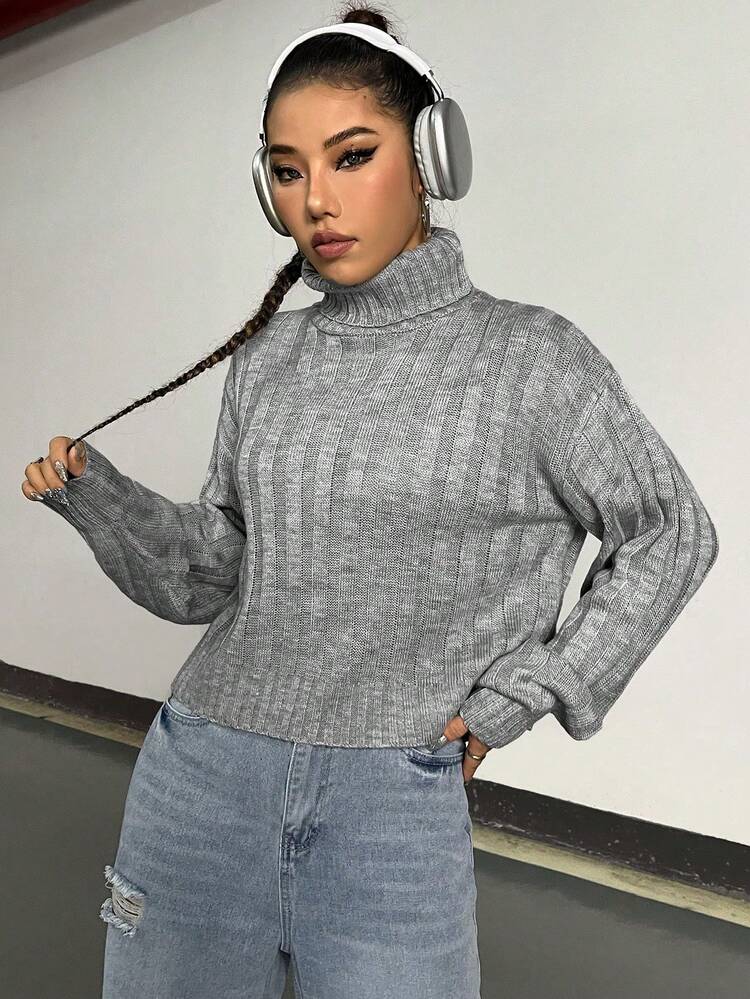 Turtleneck Drop Shoulder Knit Pullover Fall Winter Sweater