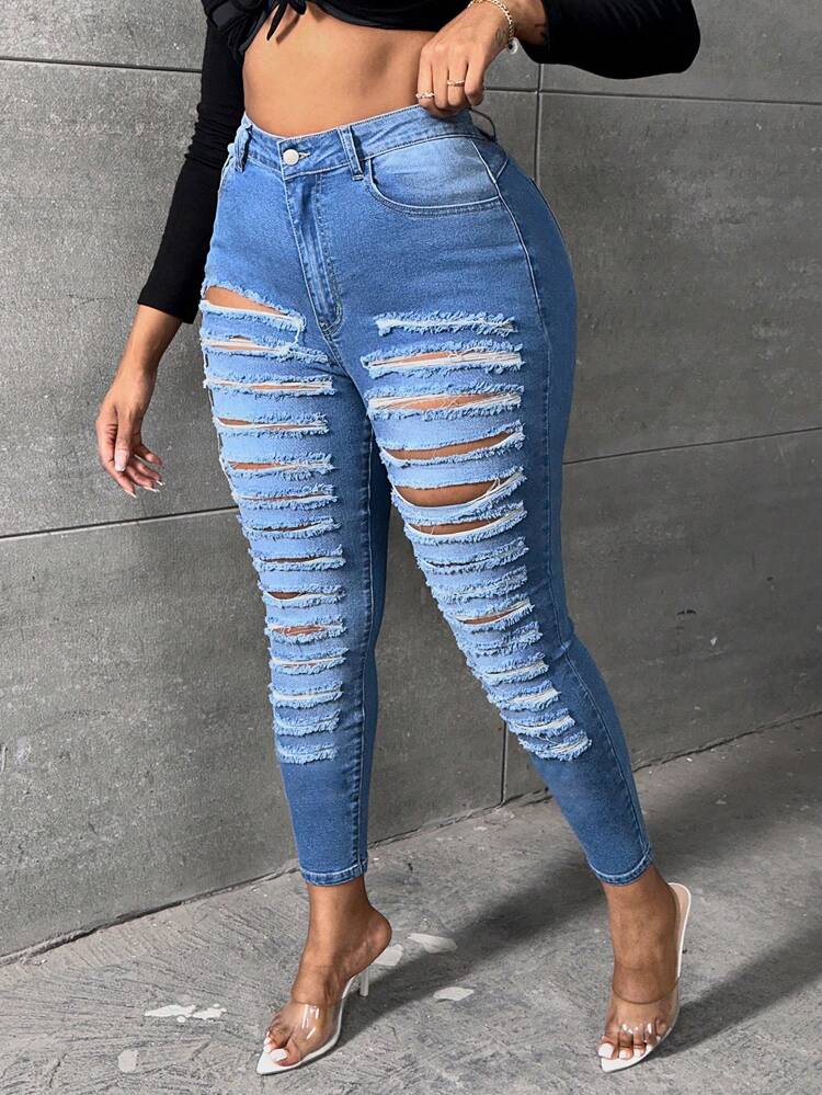 Plus High Waist Ripped Skinny Jeans