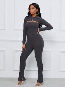 Zolique 3-teiliges Set für Damen bestehend aus Zip-Hoodie, Bandeau-Top und schlitzbesetzter ausgestellter Hose - Dunkelgrau - Übersicht 3