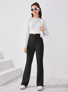 SHEIN Thiếu niên Đan Sọc Lông cừu Quần Chạy bộ Với Eo Buộc Và Hem xòe Thiết kế - màu đen - Xem 6