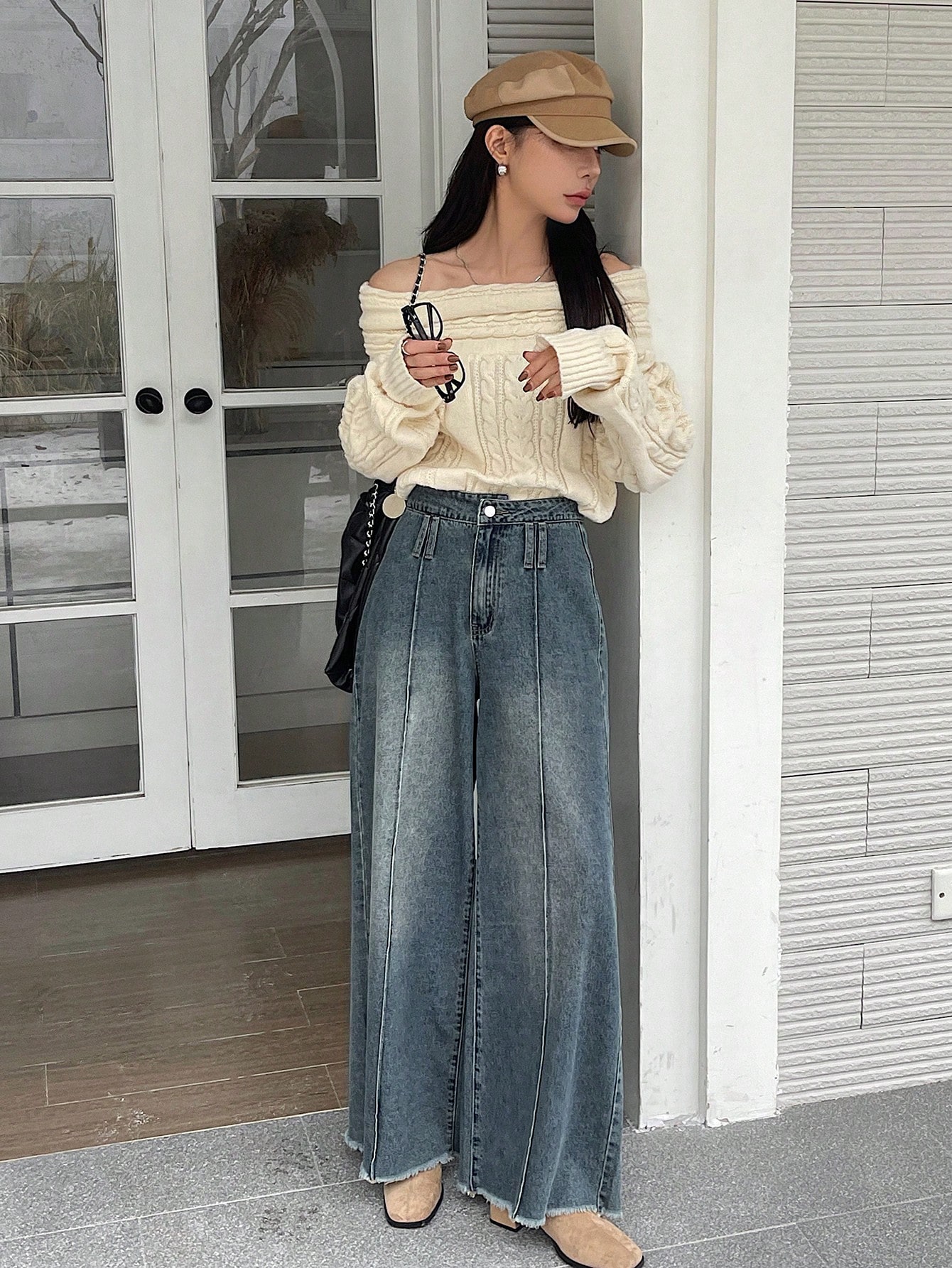 DAZY بنطلون جينز نسائي واسع مع حافة مبرودة، جينز و...