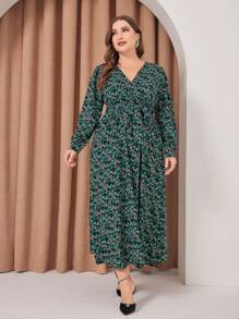 Modelyn 大尺碼女款植物印花長袖連身裙 - 墨綠色 - 查看 4