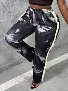 Slaydiva Ombre Effect Fringe & Side Split Distressed Tapered Jeans/pants - Multicolor - View 2