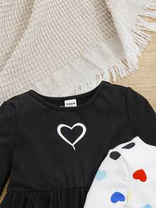 SHEIN 女嬰休閒心形圖案長袖 A 字洋裝搭配馬甲 2 件套 - 彩色 - 查看 3