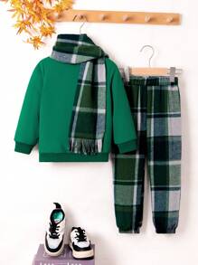 SHEIN Toddler Boys' Plaid Patchwork Scarf Hoodie And Long Pants Set - Dark Green - View 1