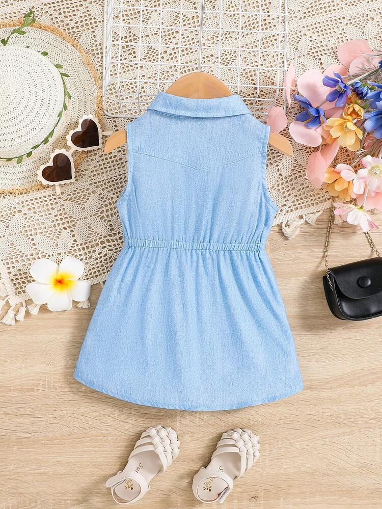 Baby Girls' Casual Denim Effect Sleeveless Dress With Turn-Down Collar And Waist Tie
