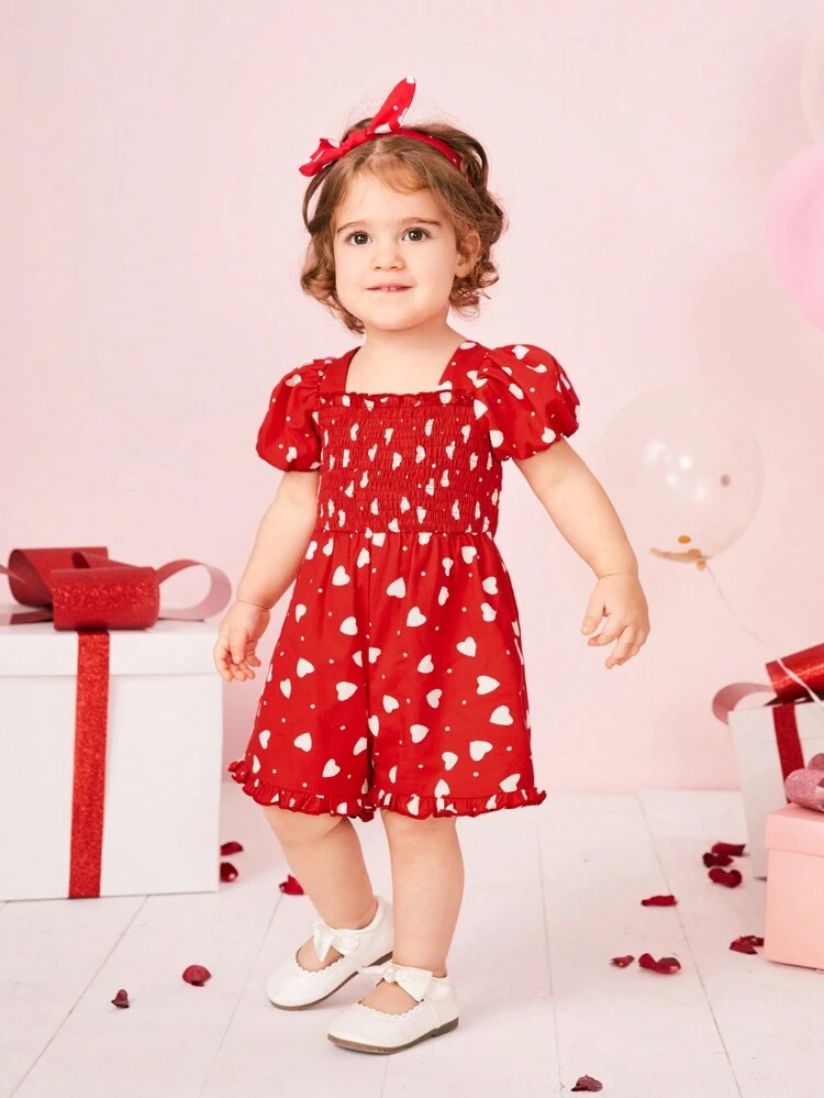 Baby Girls' Casual Polka Dot Puff Sleeve Shirred Romper With Headband