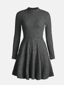 Đan Sọc Cổ cao Tay áo dài Ngày lễ Đầm - Màu xám đen - Xem 3