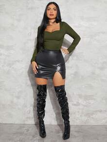 SHEIN SXY 女士鑽石領口肋紋針織t恤 - 軍綠色 - 查看 3