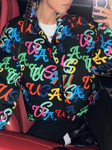 SHEIN EZwear Allover Letter Graphic Drop Shoulder Padded Coat - Multicolor - View 4