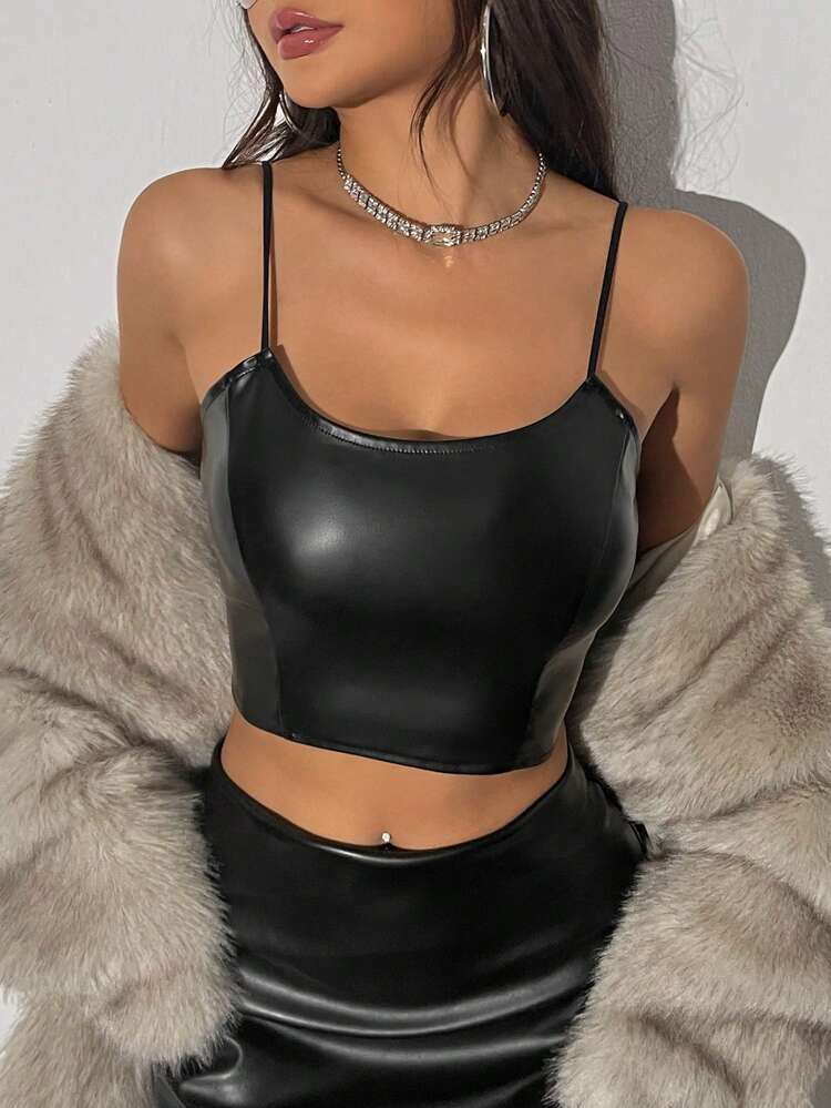 Women's Cool Solid Color Pu Camisole Top & Skirt Two-piece Set