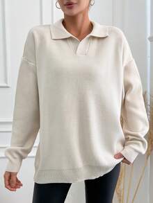 EURMUSE Ladies Lapel Drop Shoulder Sweater - Beige - View 5