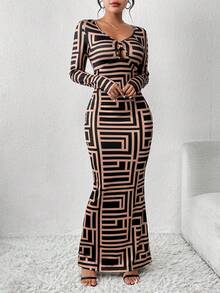 SHEIN Clasi Geo Print Cut Out Knot Front Mermaid Hem Dress - Multicolor - View 3