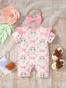 SHEIN Baby Girls' Cartoon Rabbit Printed Romper With Lace Decoration And Hair Band Set - Multicolor - View 2