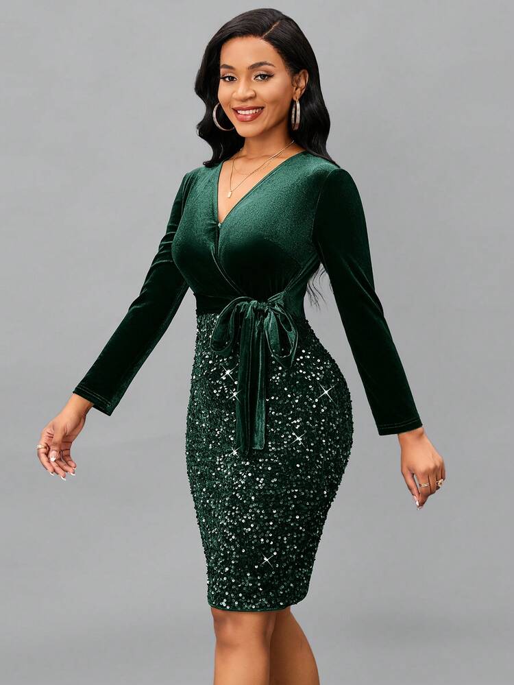Women's Bodycon Dress With Sparkly Hem And Waist Belt Decoration