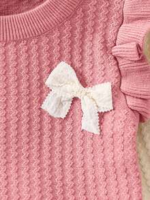 SHEIN Little Girls' Ruffle Trim And Bow Decor Contrast Sweater - Pink - View 4