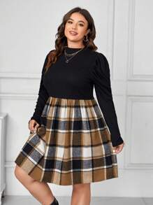 SHEIN Clasi 女士加大碼格紋拼接羊肩袖連衣裙 - 彩色 - 查看 3