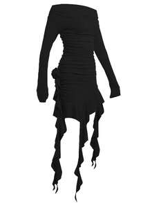 Ruffle Ruffle Trim Spring Women Dress - Black - View 3