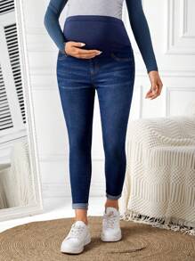 SHEIN Maternity Casual Adjustable Waist Slim Fit Jeans - Dark Wash - View 1