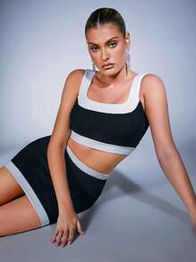 Hauture Colorblock Crop Top & Mini Skirt Two Pieces Set - Black and White - View 1